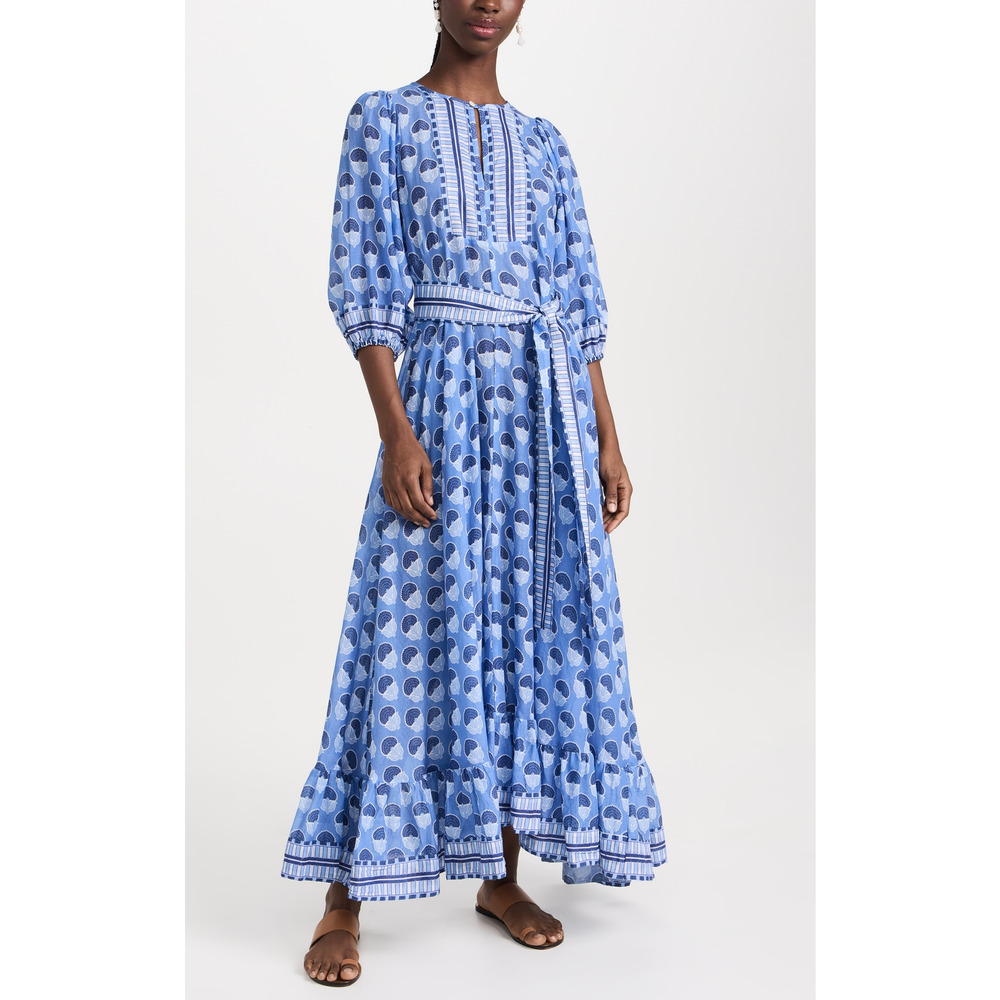 Blue Patterned Maxi Dress with Tie Waist